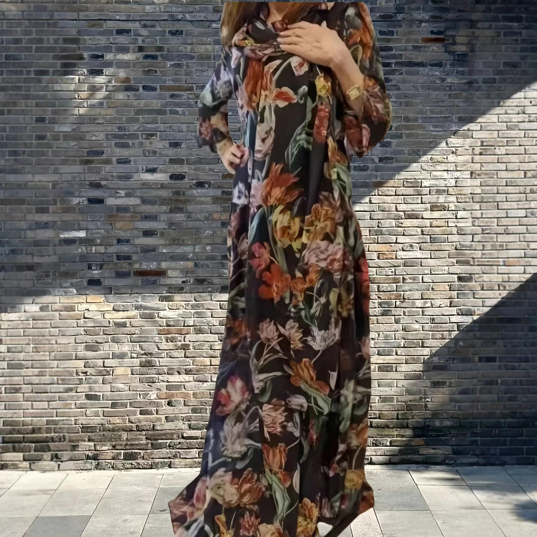 Lantern Long Sleeve Dress Fitted Waist Pleated Printed Dress